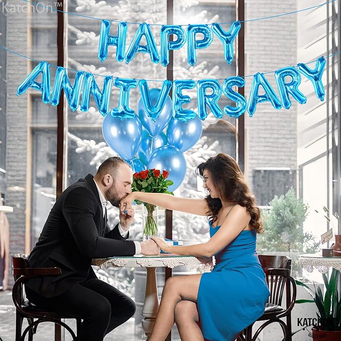 KatchOn Blue Happy Anniversary Balloons - 16 Inch, Foil with Happy Anniversary Banner and Backdrop