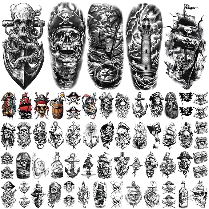 77 Sheets Pirate Temporary Tattoos Adult,Captain Anchor Compass Sailboat Tattoos, Pirate Ships Flag Skull Crossbones Sailor Fake Tattoo for Costume, Fake Arm Tattoos for Men Women Kids