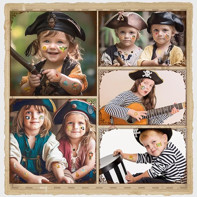 Kids Pirate Temporary Tattoo-110 Glitter Style Fake Tattoos for Boys Girls Jake Captain Skull Crew Treasure Pirate Ship Anchor Waterproof Body Face Tattoos Stickers Nautical Party Favors Decorations
