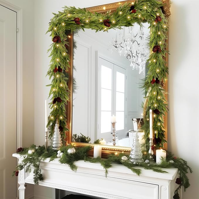 WBHome 6ft Pre-lit Norway Spruce Christmas Garland, Winter Greenery Garland for Christmas with 100 LED Lights, Holiday Seasonal Outdoor/Indoor Home Decor, 6FT Long