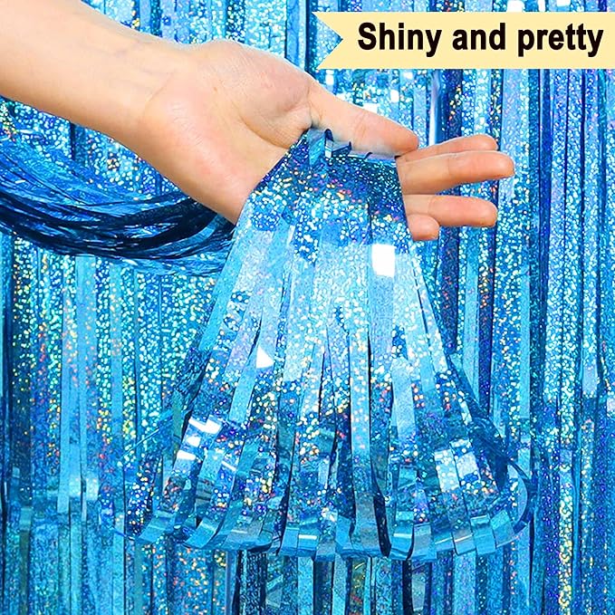 6 Pack Lake Blue Foil Fringe Curtains Backdrop, 3.28 x 8.2 Ft Metallic Streamers Tinsel Curtains Background for Photo Booth, Birthday, Christmas, Halloween, Thanksgiving, New Year Party Decorations