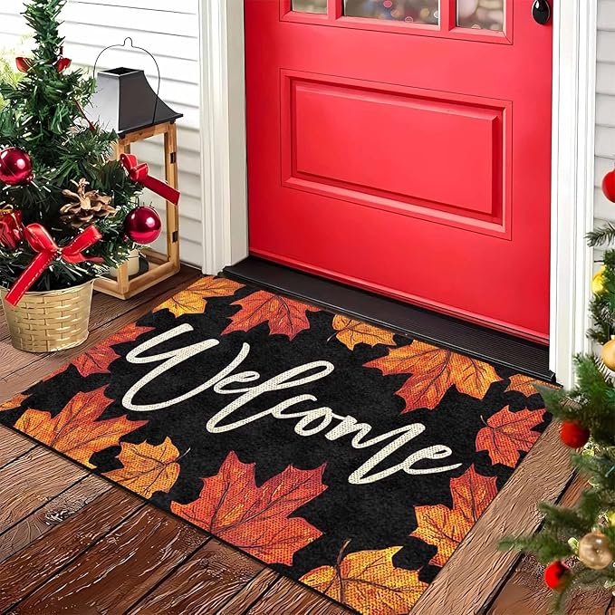 Fall Door Mat Maple Leaves Door Mat, Fall Maple Leafs Doormat for Indoor Outdoor Entrance Floor Mats Non Slip Autumn Harvest Vintage Thanksiving Decor Rubber Welcome Mats
