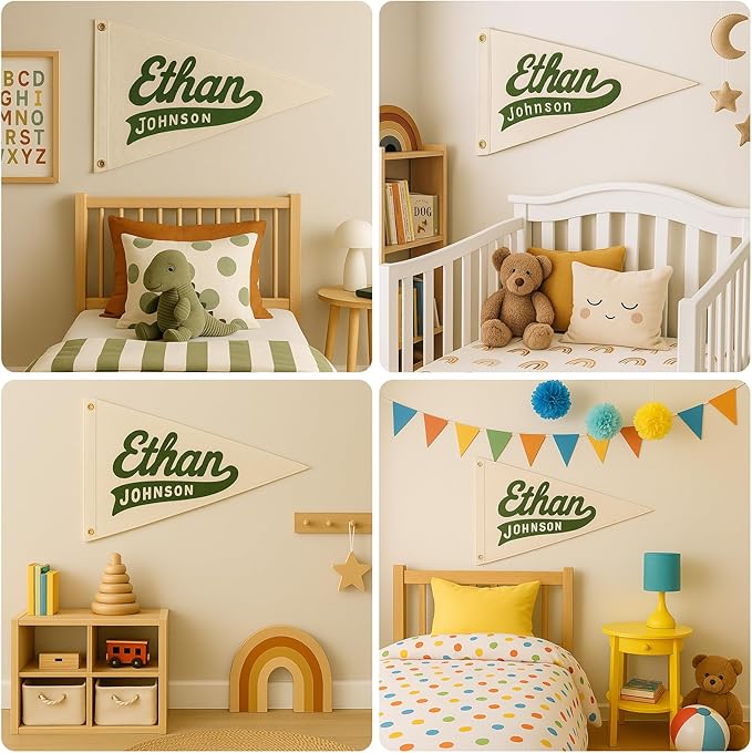 Custom Hand Embroidered Name Pennant Banner, Personalized Baby Name Canvas Pennant Flag for Kids Room Bedroom, Customized Nursery Name Sign for Boys & Girls, Baby Shower Birthday Party Gift