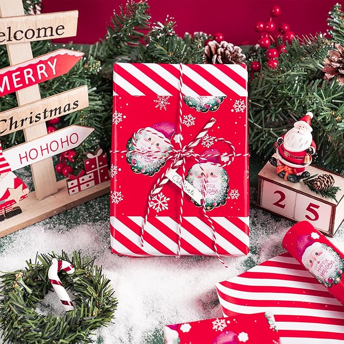 WRAPAHOLIC Reversible Christmas Wrapping Paper - Mini Roll - 17 Inch x 33 Feet - Red Santa Claus and Stripes Design for Christmas, Holiday, Party Celebration