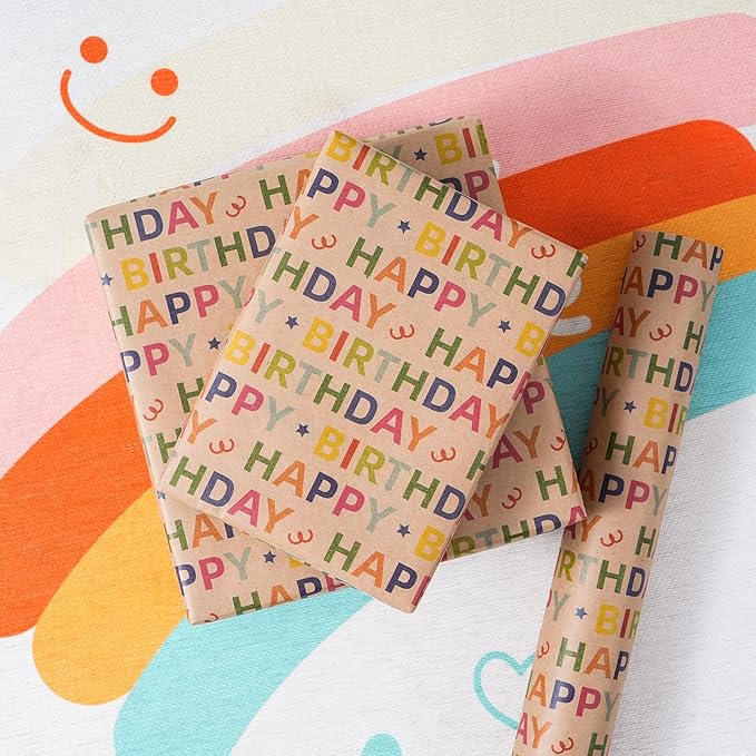 Kraft Birthday Wrapping Paper - Mini Roll - 17 Inches X 33 Feet - for Boys Girls Kids - Colorful Happy Birthday Pattern Great for Teen, Party, Baby Shower
