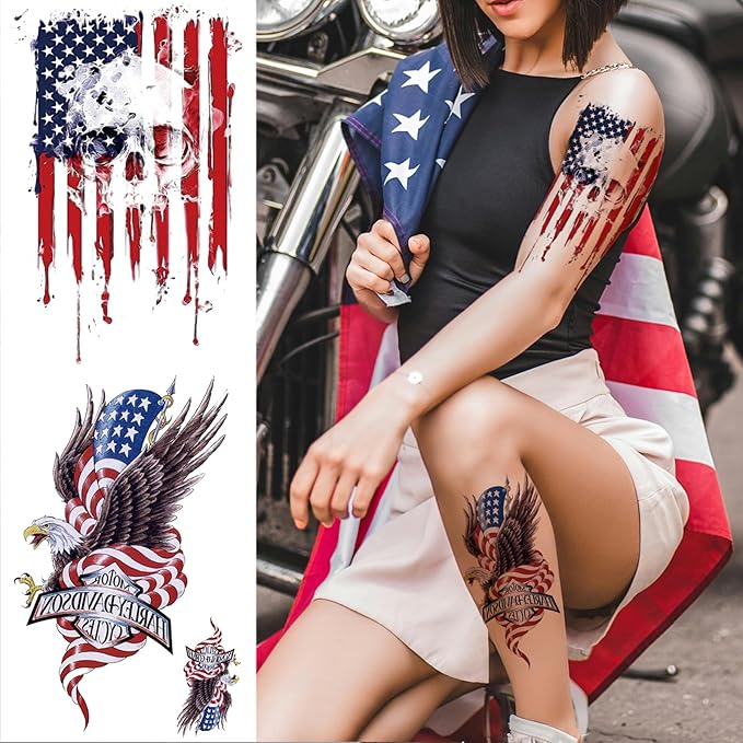 Fourth of July Temporary Tattoo Sleeves for Men Women, 4-Sheet Large Full Arm USA Patriotic 4th of July Fake Tattoo Sleeve Adult and 4-Sheet American Flag Half Temp Tatoo Independence Day