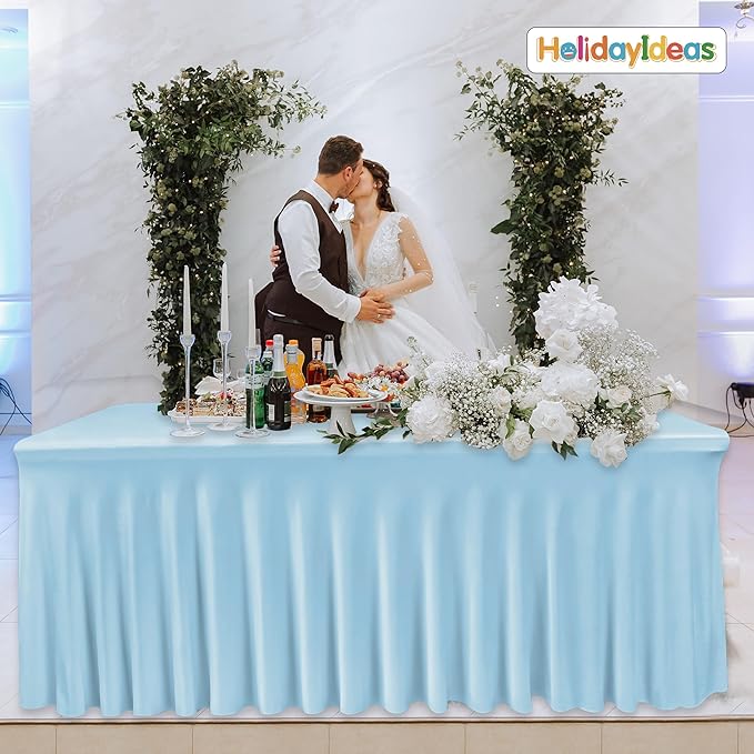 HolidayIdeas Spandex Table Skirts for Rectangle Tables 4 Ft, Fitted Stretch Table Cover 24x48 Inch, Wrinkle-Free Ruffle Design Tablecloths for Banquets,Trade Shows, Parties, Events, 4 Pack, Baby Blue