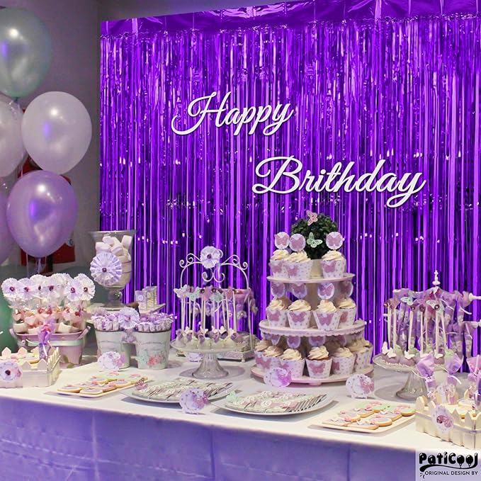Purple Streamers Thicken 2 Pack 3.3 x 6.6 FT, Purple Tinsel Foil Fringe Curtains, Photo Booth Props Backdrops for Birthday, Halloween, Graduation Party Decorations