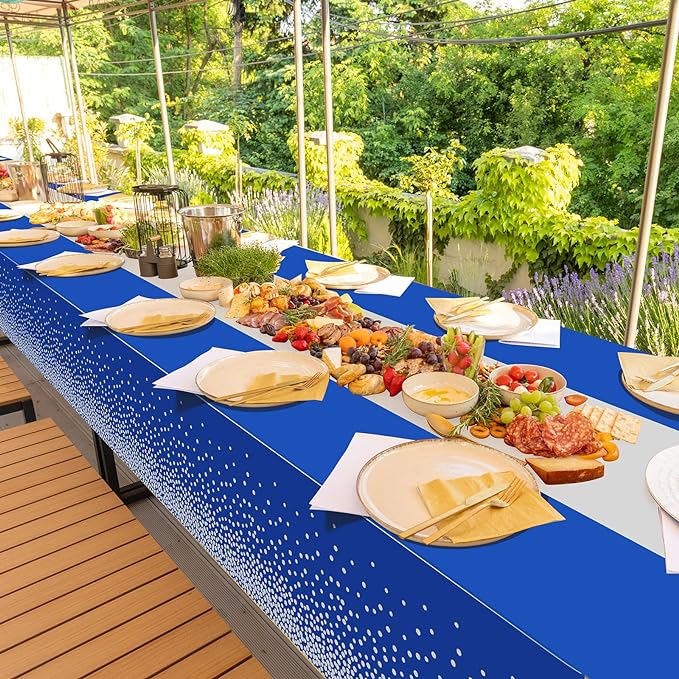 3Pcs Blue and Silver Tablecloth Party Decorations,Plastic Royal Blue Table Cloth Printed Silver Table Runner Disposable Rectangle Tables Cover for Anniversary Wedding Graduation 2025 Party,54x108 Inch