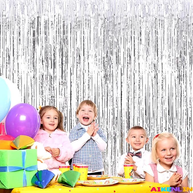 4 Pack 3.2Ft x 9.8Ft Silver Foil Fringe Curtain Backdrop, Metallic Tinsel Foil Fringe Streamers Curtains for Party, Photo Booth Props, Birthday, Wedding, Christmas Party Decoration Supplies
