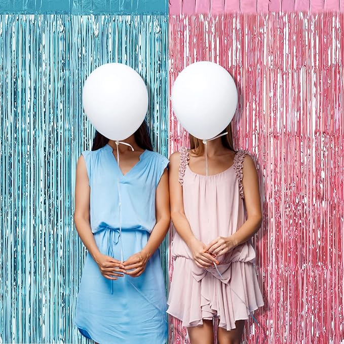 4 Pack 3.2Ft x 9.8Ft Pink Blue Fringe Curtain Backdrop, Metallic Tinsel Foil Fringe Streamers Curtains Background for Photo Booth Wedding Gender Reveal Backdrop Boy or Girl Birthday Party Decoration