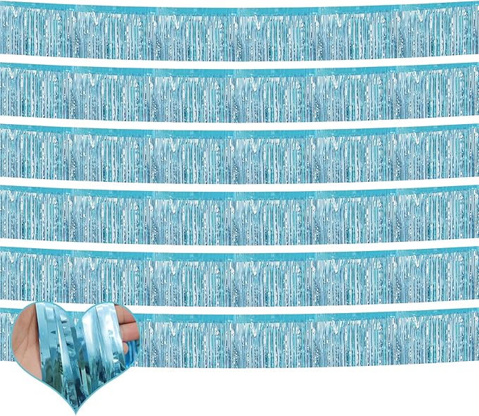 6 Pack 10 Feet Foil Fringe Garland Metallic Tinsel Banner Wall Hanging Curtain Streamers Backdrop for Parade Floats Bachelorette Wedding Birthday Party Thanksgiving Christmas Decorations(Light Blue)