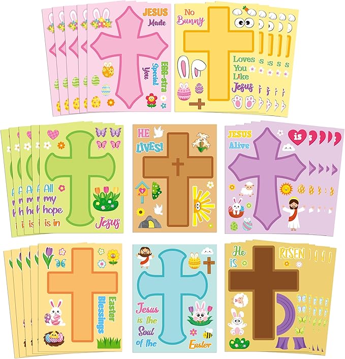 CY2SIDE Easter Cross Face Sticker - 40PCS Make Your Own Jesus He is Risen Cross Sticker Craft Game for Kids Classroom Reward DIY Easter Party Favors for Kids Christian Sunday School Activities