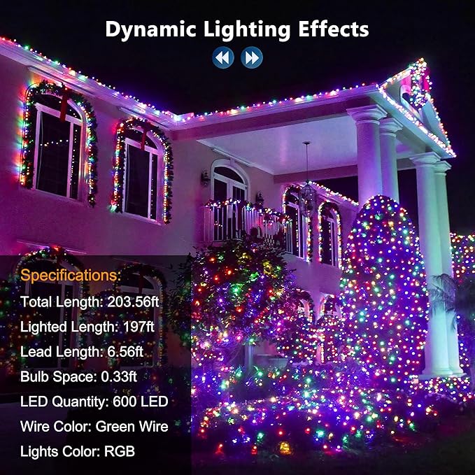 Brizled Color Changing Christmas Lights, 197FT 600 LED RGB Christmas Lights, Dimmable Xmas Tree Light, Multifunctional Indoor Outdoor String Fairy Light with Remote for Holiday Party Decor