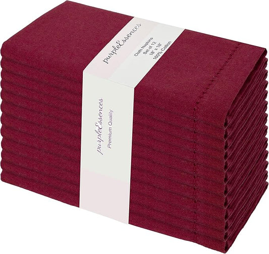 PurpleEssences Set of 12 Hemstitch Cloth Dinner Napkins 100% Cotton - Soft Durable Washable - Ideal for Wedding Christmas Holiday Winter - Perfect Everyday Use Table Linen 18x18 - Burgundy