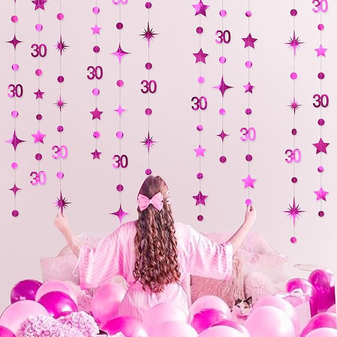 Hot Pink 30th Birthday Decorations Number 30 Circle Dot Twinkle Star Garland Glitter Hanging Streamer Bunting Banner Backdrop for Women Mens Dirty Thirty Cheers to 30 Years Anniversary Party Supplies