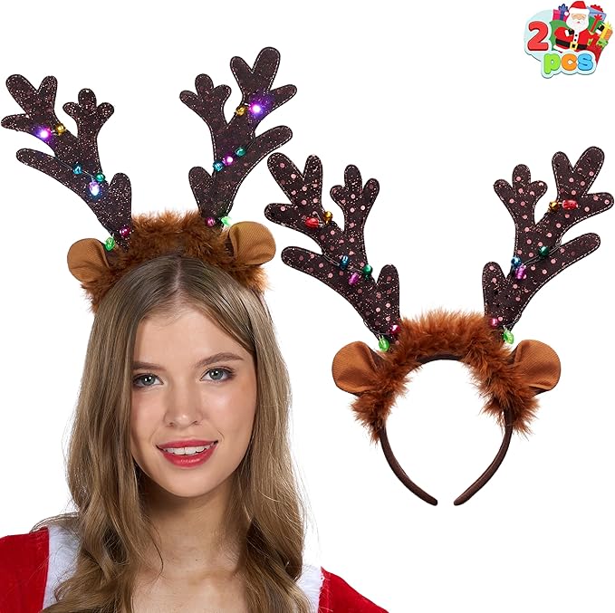 JOYIN Christmas 2PCS Light Up Cute Reindeer Headband Adult Kids Party Favor Supplies, Xmas Accessories for Christmas Holiday Parties, Annual Holiday, Photos Booth