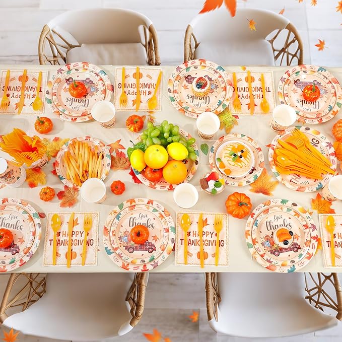 452 Pcs Happy Thanksgiving Party Decorations for 50, Pumpkin Leaves Turkey Give Thanks Paper Plates Napkins Cups Tablecloth Cutlery Straws for Fall Harvest Thanksgiving Theme Party Supplies