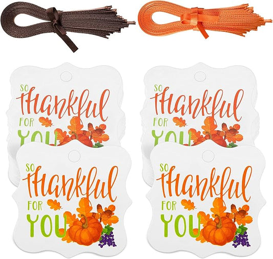 50 Pieces Thanksgiving Paper Tags Thank You Favor Tags Happy Thanksgiving Hanging Labels Decorative Fall Paper Tag with Rope for Autumn Party Favors(Pumpkin)