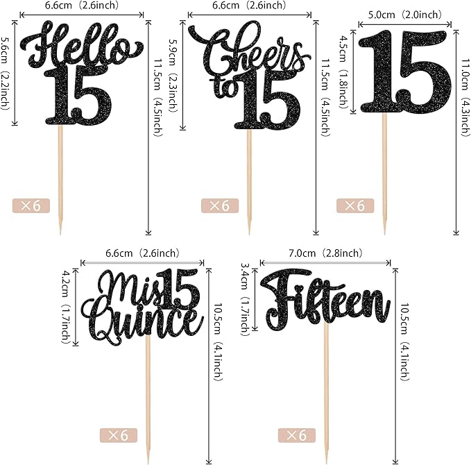 30PCS Happy 15th Birthday Cupcake Toppers Glitter Fifteen Mis Quince Hello 15 Cupcake Picks Cheers to 15 Birthday Decorations for 15th Birthday Anniversary Party Cake Decoration Supplies Black