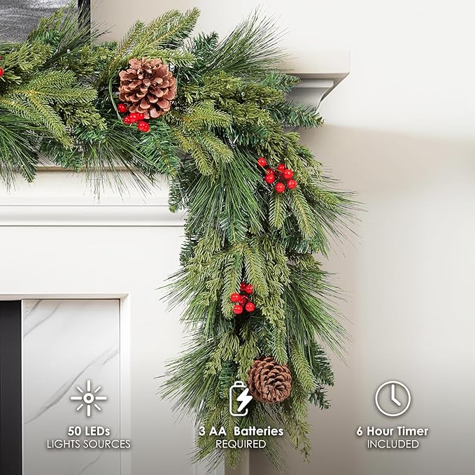 WBHome Real Touch Mixed Evergreen with Pinecones Foliage Prelit Garland, Winter Greenery Garland for Christmas Holiday Seasonal Outdoor/Indoor Home Decor Mantle, 6FT Long