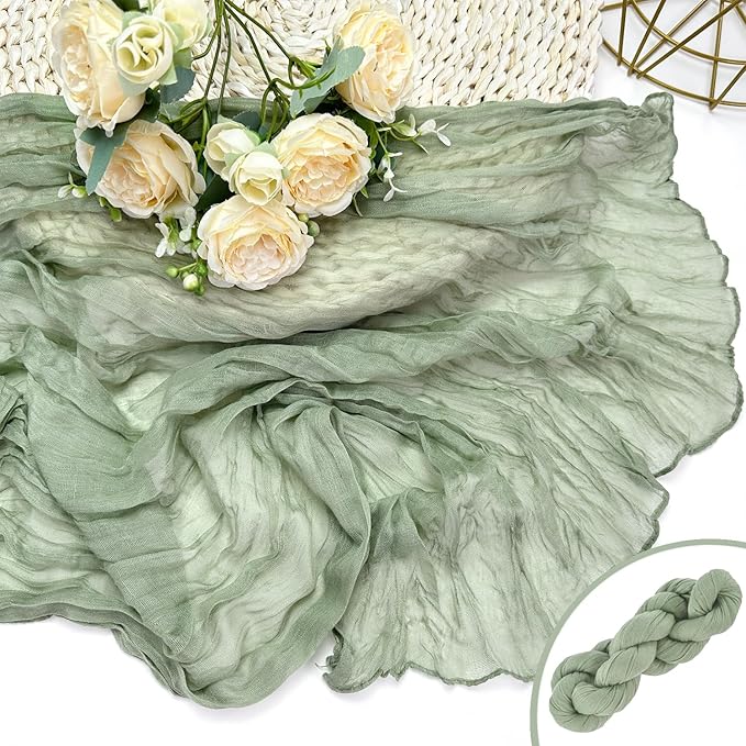 Booque Valley Dusty Green Cheesecloth Table Runner 10ft Super Soft Boho Wrinkled Gauze Sheer Cloth for Baby Shower Baptism Birthday Party Wedding Centerpiece Table Decoration, 35x120 Inch