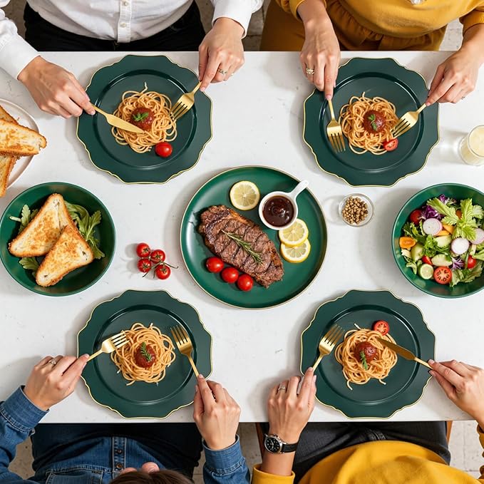WDF 175Pcs Green Plastic Plates - Green Plates Disposable with Gold Rim - Christmas Plastic Plate - Fancy Disposable Dinnerware Sets 25 Guests Ideal for Christmas/Party/Wedding