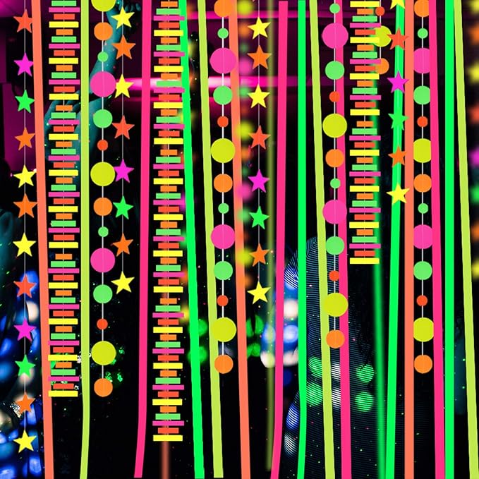 496 ft Neon Streamers Paper Glow Party Garland Hanging Decorations UV Black Light Reactive Glow in The Dark Birthday Party Supplies Neon Stars Round Dot Banner Garland Wedding Fluorescent Kit