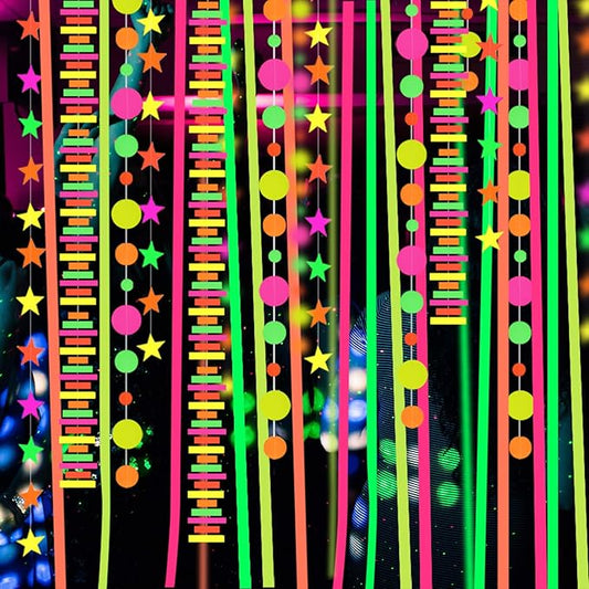 496 ft Neon Streamers Paper Glow Party Garland Hanging Decorations UV Black Light Reactive Glow in The Dark Birthday Party Supplies Neon Stars Round Dot Banner Garland Wedding Fluorescent Kit