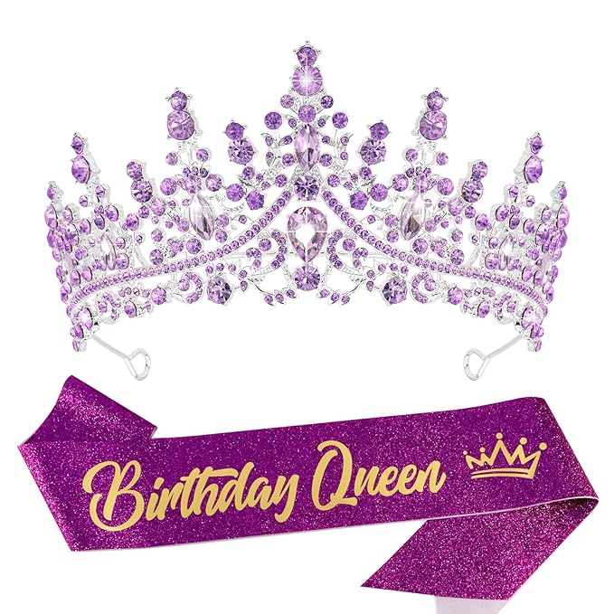 VELSCRUN Birthday Queen Tiara Crowns for Women Girls Purple Crystal Birthday Queen Headband Sash Elegant Princess Crown Happy Birth Party Decorations Mom Sisters Birth Gift Hair Accessories