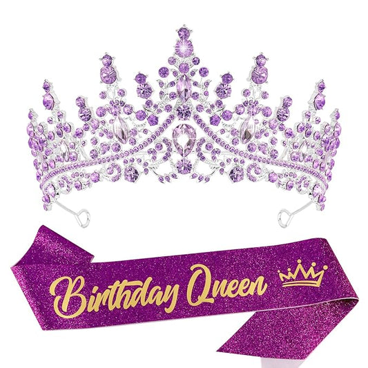 VELSCRUN Birthday Queen Tiara Crowns for Women Girls Purple Crystal Birthday Queen Headband Sash Elegant Princess Crown Happy Birth Party Decorations Mom Sisters Birth Gift Hair Accessories