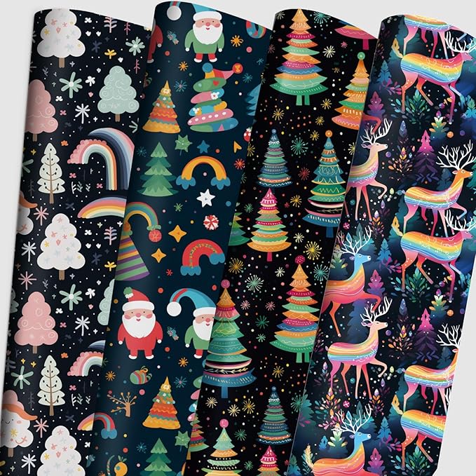 Vnaaem Christmas Wrapping Paper for Boys Girls Kids - Cute Rainbow Xmas Gift Wrap with Santa Tree Reindeer Design for Holiday Winter Paty - 20 x 28Inches Per Sheet(8 Pack)