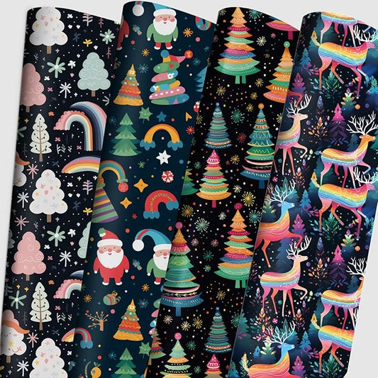 Vnaaem Christmas Wrapping Paper for Boys Girls Kids - Cute Rainbow Xmas Gift Wrap with Santa Tree Reindeer Design for Holiday Winter Paty - 20 x 28Inches Per Sheet(8 Pack)
