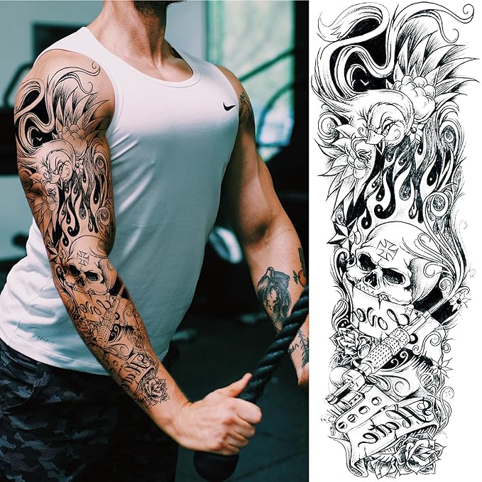 Pirate Skull Temporary Tattoo Sleeves for Men, 4-Sheet Full Arm Large Flower Skeleton Octopus Fake Tattoo Sleeve Adult Women and 4-Sheet Black 3D Anchor Clock Eye Half Temp Tatoo Sticker Leg Body Art