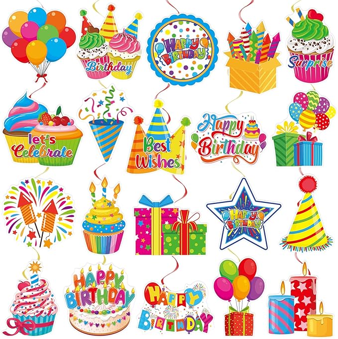 40Pcs Birthday Hanging Swirl Decorations, Colorful Cupcake Balloons Hat Sign Swirl Decor Happy Birthday Hanging Ornaments for Boy Girl Kid Party Supplies