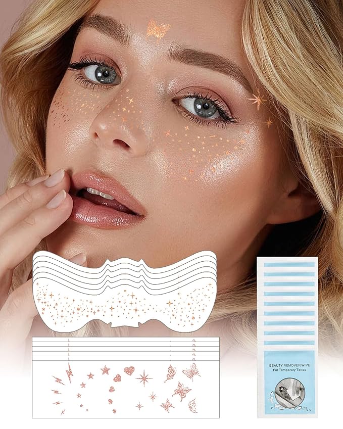 Glitter Freckles Face Tattoo Patches - 12PCS Temporary Sparkle Face Stickers with 10 Remover Wipes | Waterproof Festival Rave Party Makeup Accessories for Women Girls (Gold)