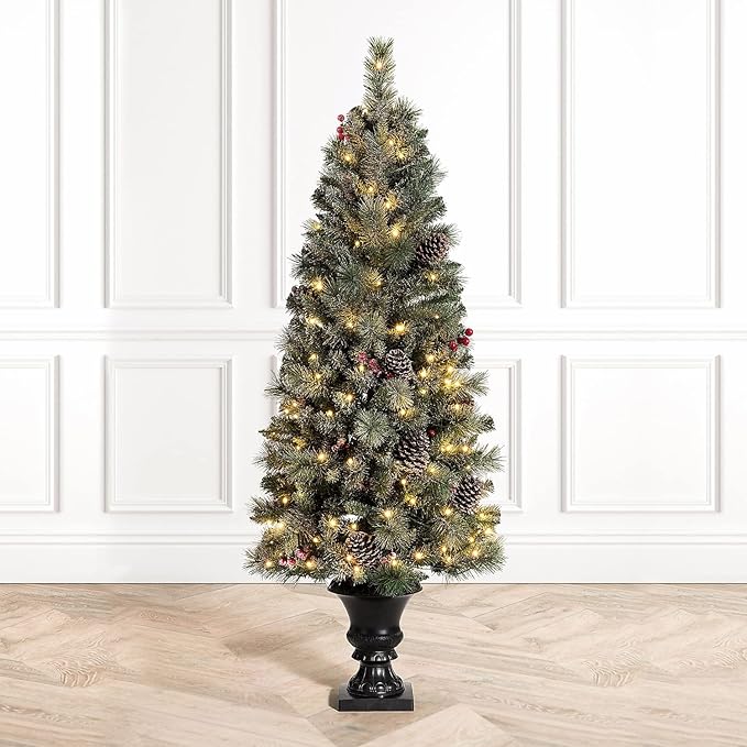 Glitzhome 5ft Pre-Lit Flocked Christmas Tree with Red Berries and Pine Cones, 130 Warm White Lights, 372 PVC & Pine Needle Mixed Tips, Potted Christmas Tree for Porch Home Holiday Decor