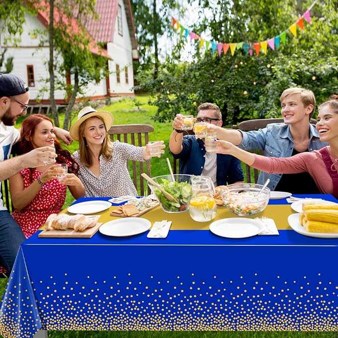 6Pcs Blue and Gold Tablecloth Party Decorations,Plastic Royal Blue Table Cloth Printed Gold Table Runner Disposable Rectangle Table Cover for Birthday Anniversary Wedding Graduation Party,54 x108 Inch