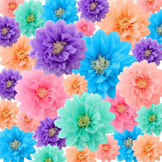 Geyee 18 Pcs Mexican Paper Flowers Colorful Fiesta Tissue Paper Flowers Pom Poms Mexican Carnival for Floral Party Backdrop Wedding Birthday Party Craft, 6" 8" 10"(Colorful)