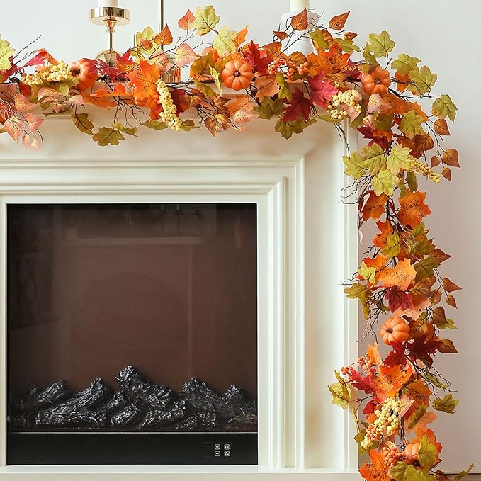 MIZII Fall Decor Artificial Maples Leaf Pumpkin Garland 6FT Autumn Maple Vines Garland Thanksgiving Halloween Harvest Decorations for Home Porch Mantle Fireplace Farmhouse Outdoor Indoor (6FT,Maple)