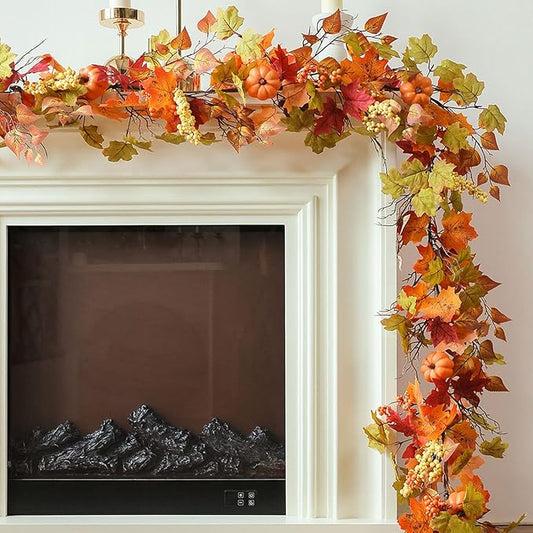MIZII Fall Decor Artificial Maples Leaf Pumpkin Garland 6FT Autumn Maple Vines Garland Thanksgiving Halloween Harvest Decorations for Home Porch Mantle Fireplace Farmhouse Outdoor Indoor (6FT,Maple)