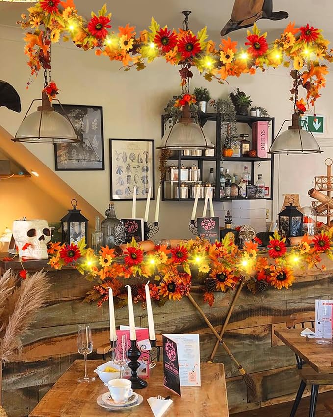 Uieke 6FT Fall Garland with Lights, Fall Maple Leaf Garland with Sunflowers Berries Fall Decor Garlands for Home Wedding Harvest Thanksgiving Mantle Fireplace Farmhouse Indoor Outdoor Decor