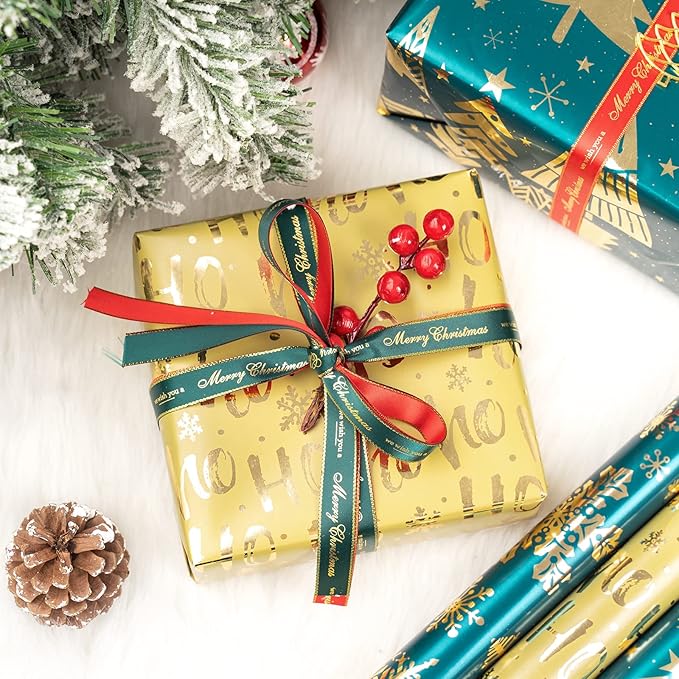 MAYPLUSS Christmas Wrapping Paper Roll - Mini Roll - 17 inch X 120 inch Per roll - 3 Different Dark Green with Glitter Metallic Foil Design(42.3 sq.ft.ttl) for Party St.Patrick's Day