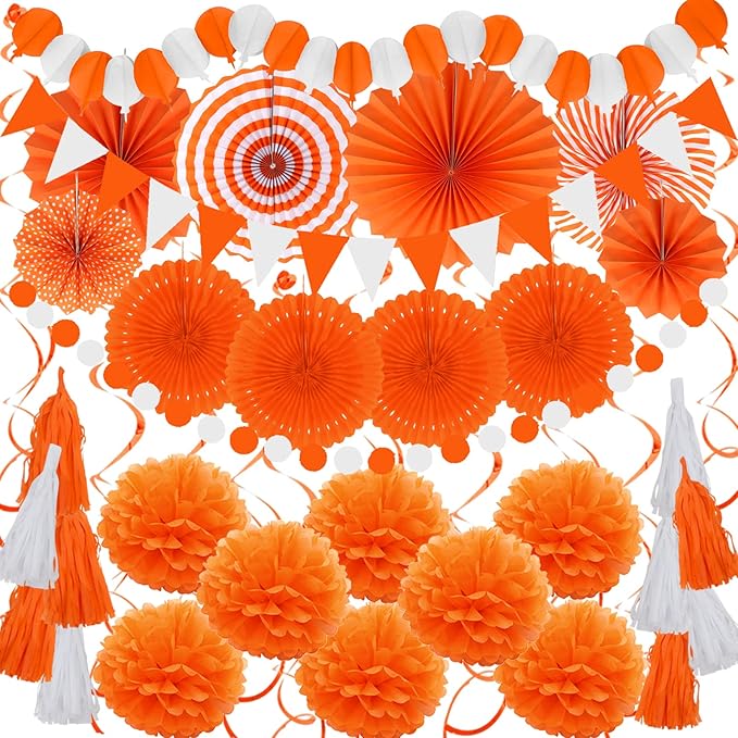 ZERODECO Party Decorations, 41 Pcs Orange Papar Fans Pompoms Garlands String Tissue Paper Tassel for Halloween New Years Spring Festival Wedding Birthday Party