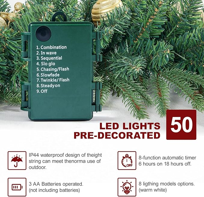 9FT Pre-Lit Artificial Christmas Garland with 50 Led Light, Green, Decorated with Pine Cones, Glitter Powder Gold Ball, Christmas Collection Indoor Outdoor Decor