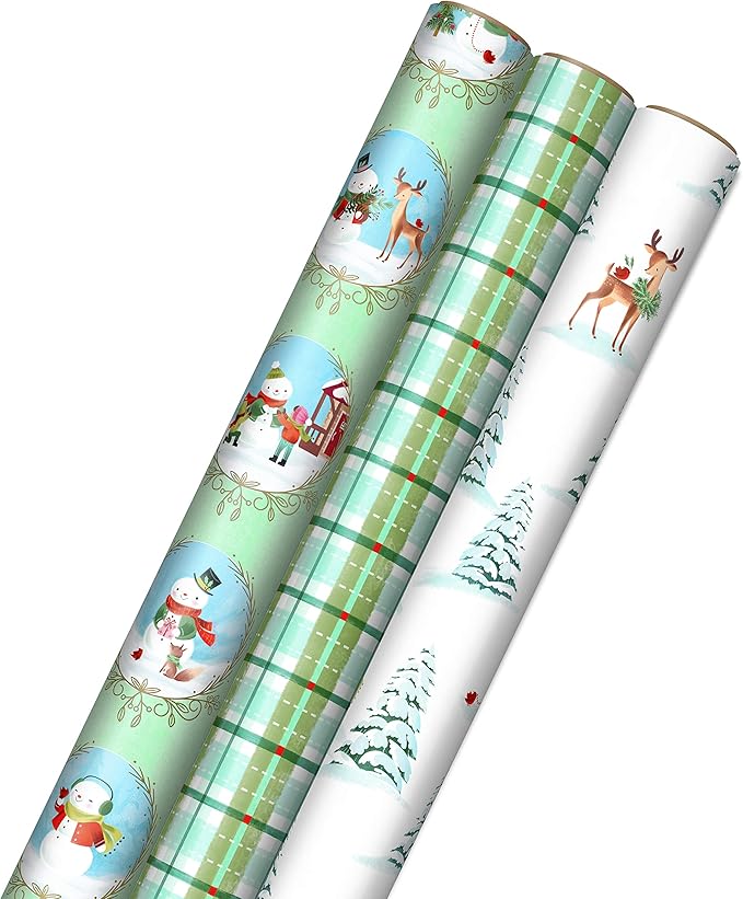 Hallmark Christmas Wrapping Paper Rolls, Holiday Gift Wrap (Pack of 3: 120 sq. ft. ttl) Storybook Critters, Snowmen, Green and Blue Plaid