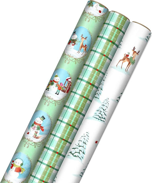 Hallmark Christmas Wrapping Paper Rolls, Holiday Gift Wrap (Pack of 3: 120 sq. ft. ttl) Storybook Critters, Snowmen, Green and Blue Plaid