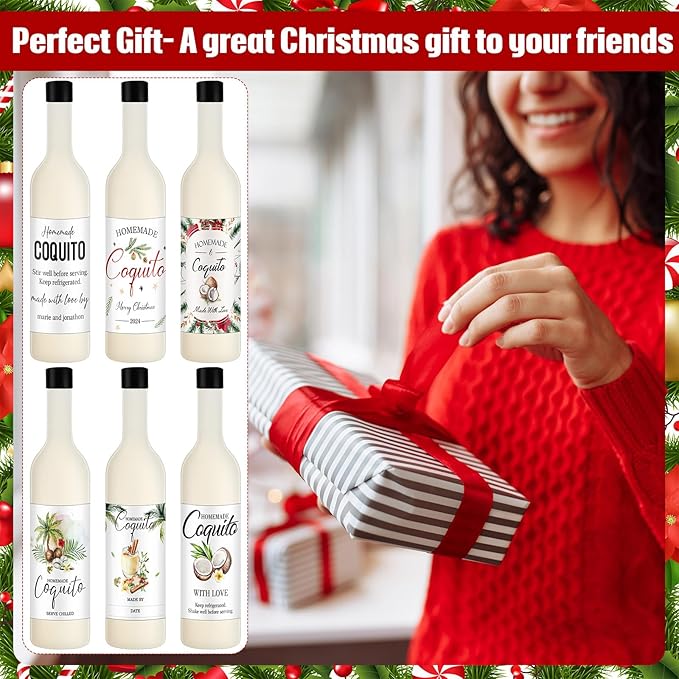 6 Set Coquito Bottles 25 oz Glass wine Bottles Brewing Bottles with Blank Printable Stickers Wine Bottles with Airtight Caps for Home Party Milk Eggnog Kefir