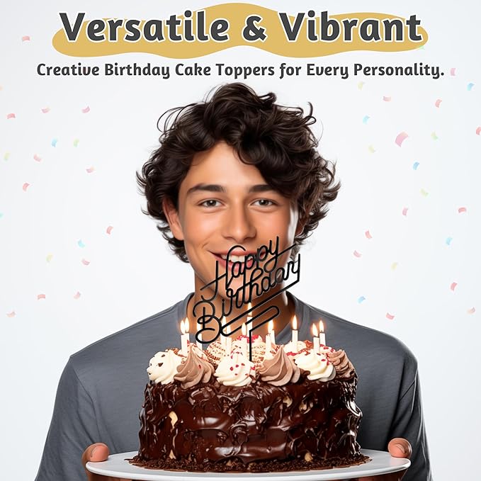 1 PCS Black Happy Birthday Cake Topper, 4.9 x 6.7 Inches Classic Birthday Cake Toppers, Acrylic Happy Birthday Cake Sign, Anniversary Cake Decorations for Party Supplies and Photo Booth Props