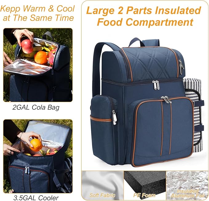 Picnic Backpack for 4,Picnic Basket Set,Leakproof Picnic Bag,Beach Cooler Backpack with Insulated Cooler Wine Pouch,Picnic Blanket, Double Deck Picnic Backpack for Beach,Camping,Park(Navy Blue)
